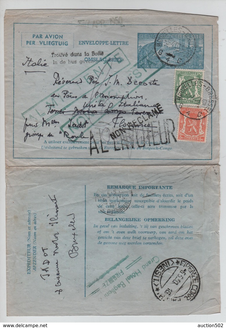 PR6262/ Entier Enveloppe-Lettre C.BXL 1950 V.Italie Firenze Griffe Trouvé...retour à L'envoyeur - Aérogrammes