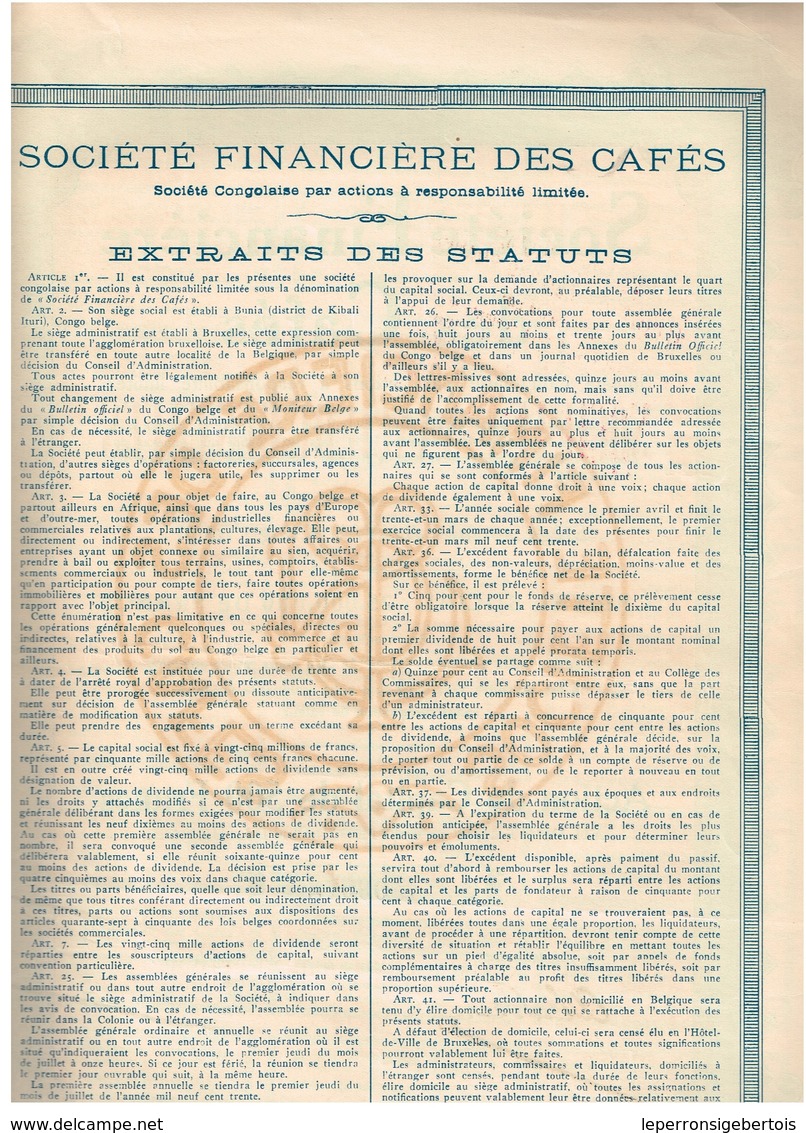 Ancienne Action Congolaise- Société Financière Des Cafés - Titre De 1929 - - Afrique