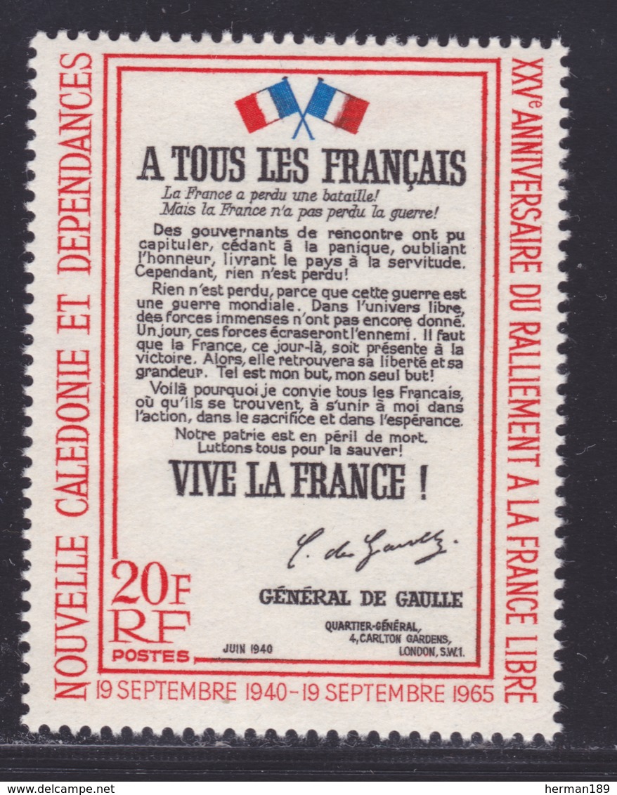 NOUVELLE CALEDONIE N°  326 ** MNH Neuf Sans Charnière, TB (D8403) Anniversaire De L'Appel Du 18 Juin - 1965 - Neufs