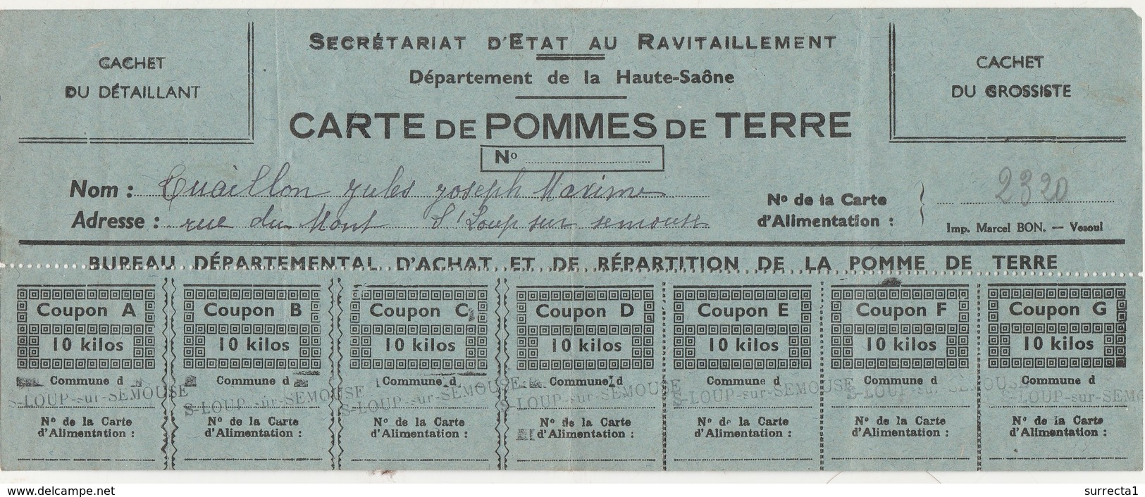 Carte De Pommes De Terre / Secrétariat Ravitaillement / Coupons Attenants - 1939-45