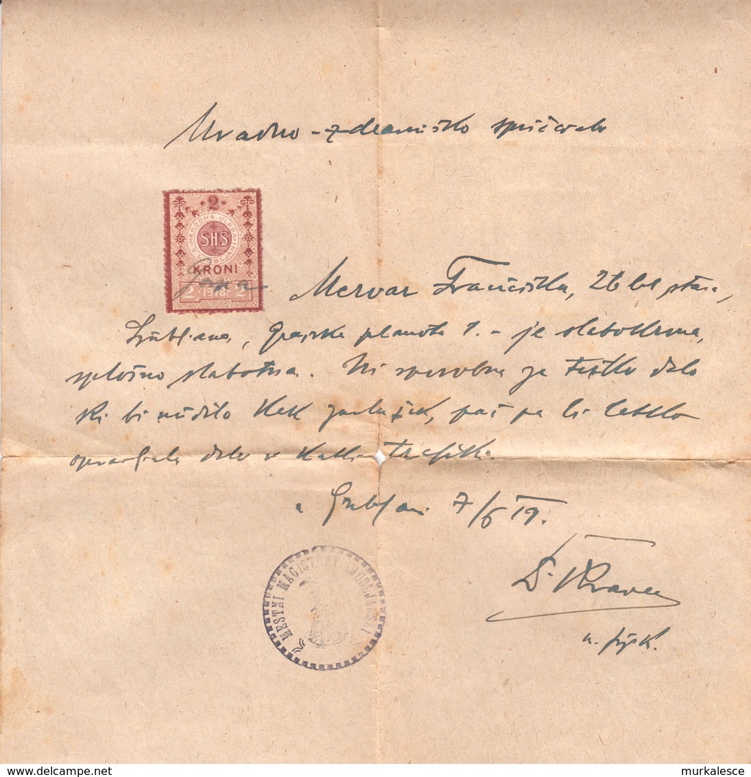 3706   SLOVENIJA  SHS   2 KRONI  1919  DOKUMENT - Slovénie