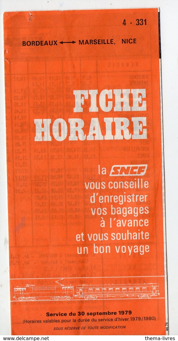 Fiche Horaire SNCF BORDEAUX  MARSEILLE NICE 1979 (PPP10150) - Europe