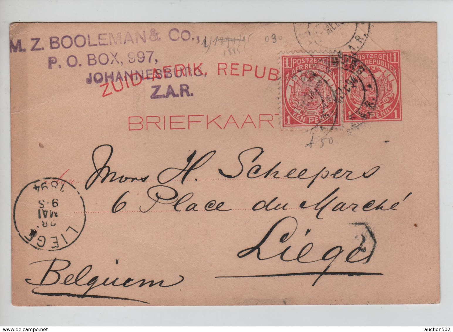 PR6264/ South Africa Zuid Afrik.Republ.Johannesburg&Pretoria 1894-97 To Belgium Liège Arrival Cancellation Slightly Bent - Nieuwe Republiek (1886-1887)