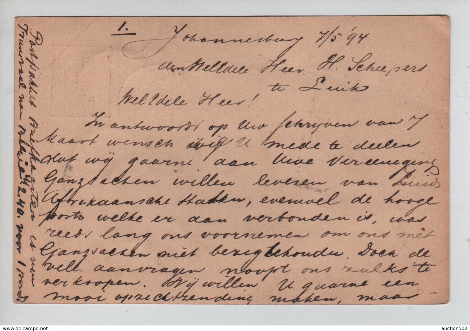 PR6264/ South Africa Zuid Afrik.Republ.Johannesburg&Pretoria 1894-97 To Belgium Liège Arrival Cancellation Slightly Bent - Nieuwe Republiek (1886-1887)