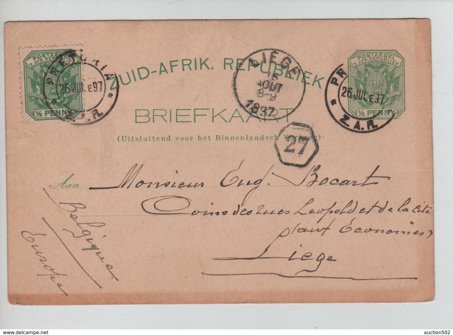 PR6264/ South Africa Zuid Afrik.Republ.Johannesburg&Pretoria 1894-97 To Belgium Liège Arrival Cancellation Slightly Bent - Neue Republik (1886-1887)