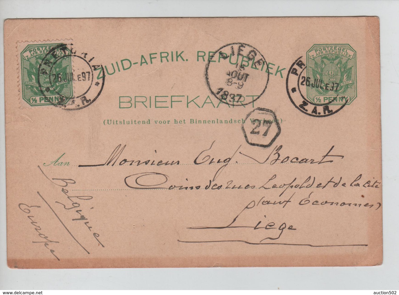 PR6264/ South Africa Zuid Afrik.Republ.Johannesburg&Pretoria 1894-97 To Belgium Liège Arrival Cancellation Slightly Bent - Nuova Repubblica (1886-1887)