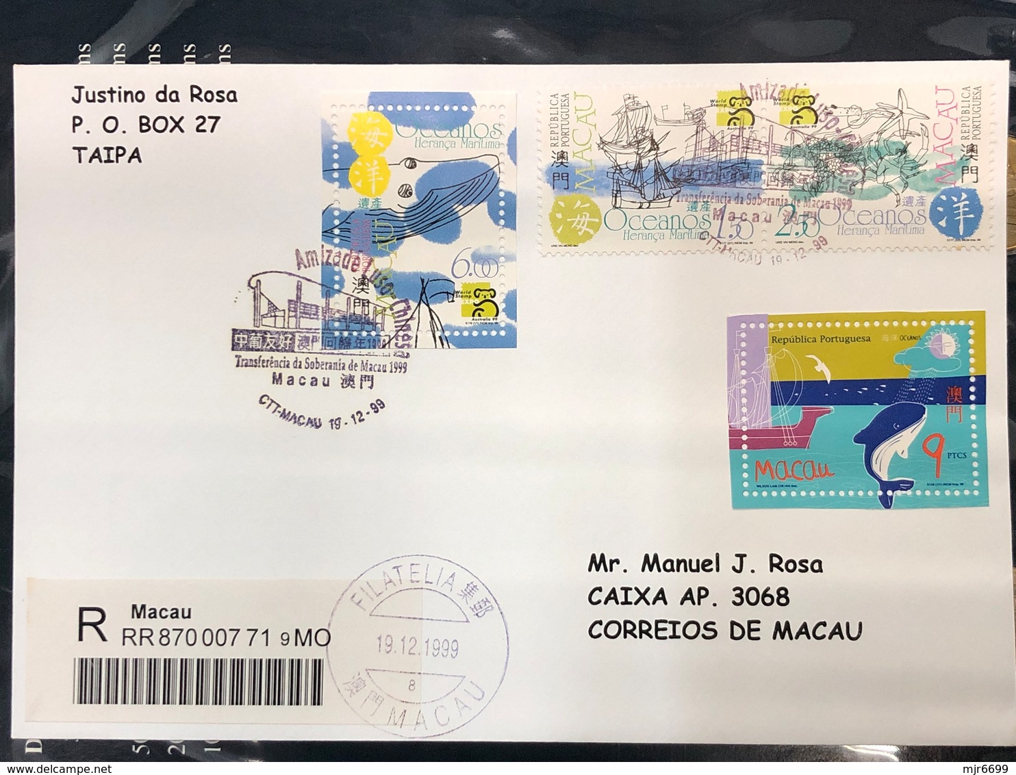 1999 COMMEMORATIVE LOCAL REGISTERED COVER AND SOME INTERESTING ARRIVAL CANCELLATION ON BACK / OCEAN - FDC