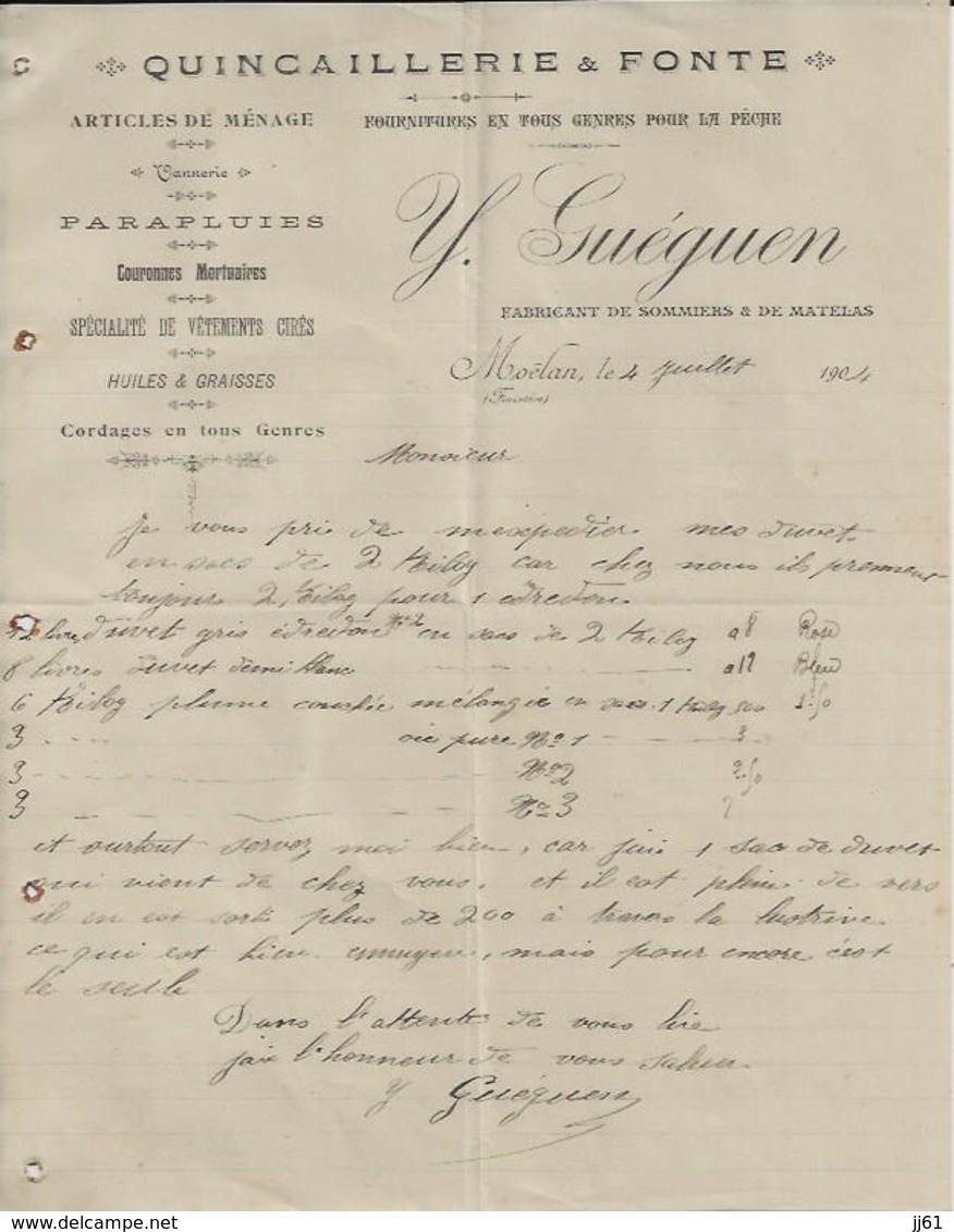 MOELAN Y GUEGUEN QUICAILLERIE FONTE PARAPLUIES HUILES GRAISSES CORDAGES FOURNITURE PECHE SOMMIERS MATELAS ANNEE 1904 - Autres & Non Classés