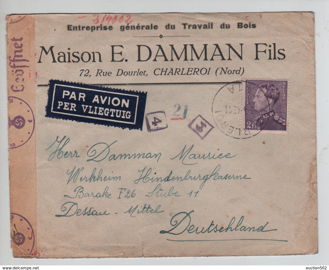 PR6269/ TP 531 Poortman S/L.Avion Entête Maison E.Damman Travail Du Bois C.Charleroi 1943 Censure 'c' V.Allemagne - WW II (Covers & Documents)