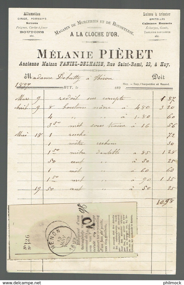 M-Facture Mélanie Pièret - Merceries-Bonneteries A Huy Le 19 Janvier 1899 Vers Héron - 1800 – 1899