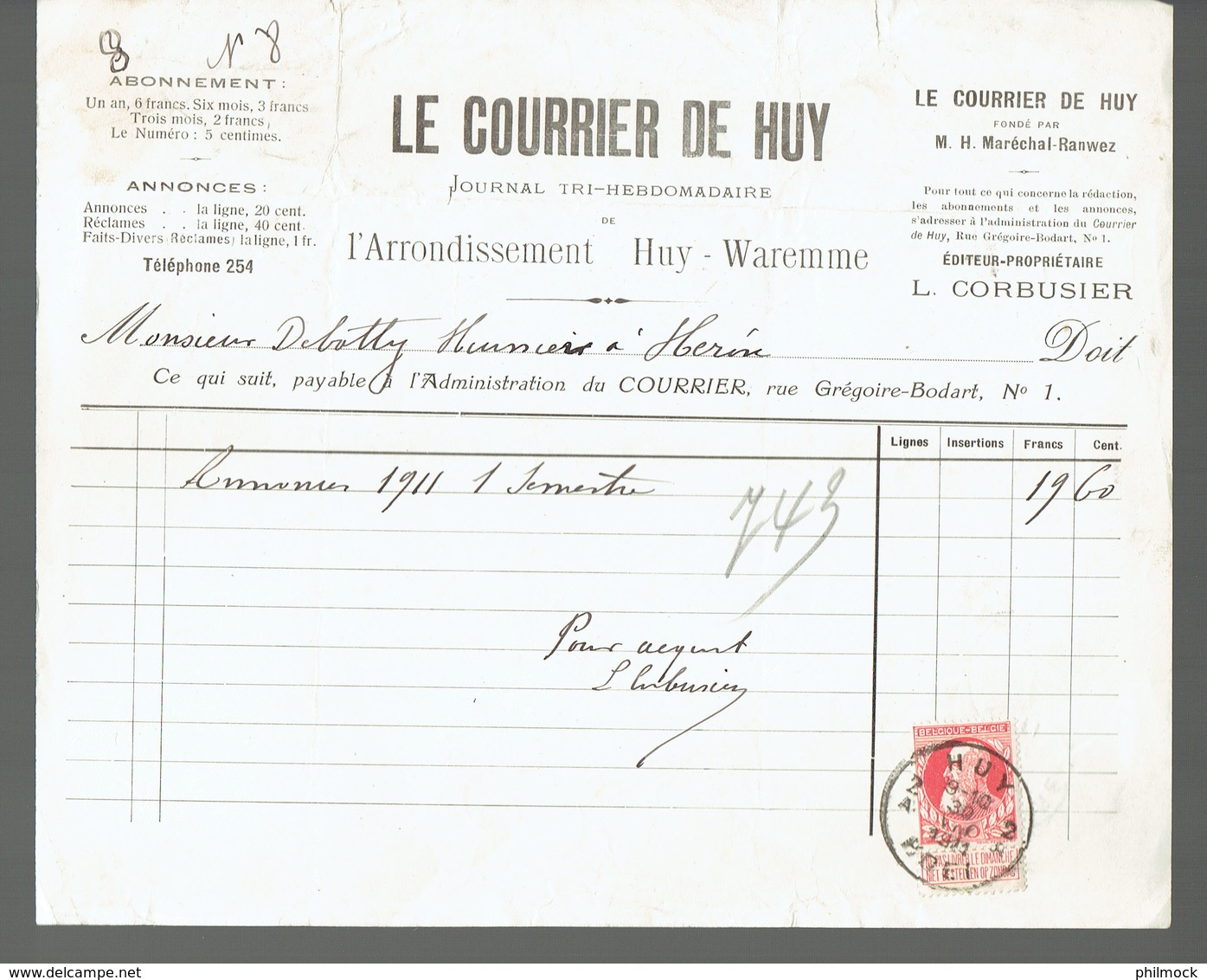 M-Facture Le Courrier De Huy - Obl Burdinne Et Huy 2A Hoei Le 30-VIII-1911 Sur 74 Avec Bandelette Vers Héron - 1900 – 1949