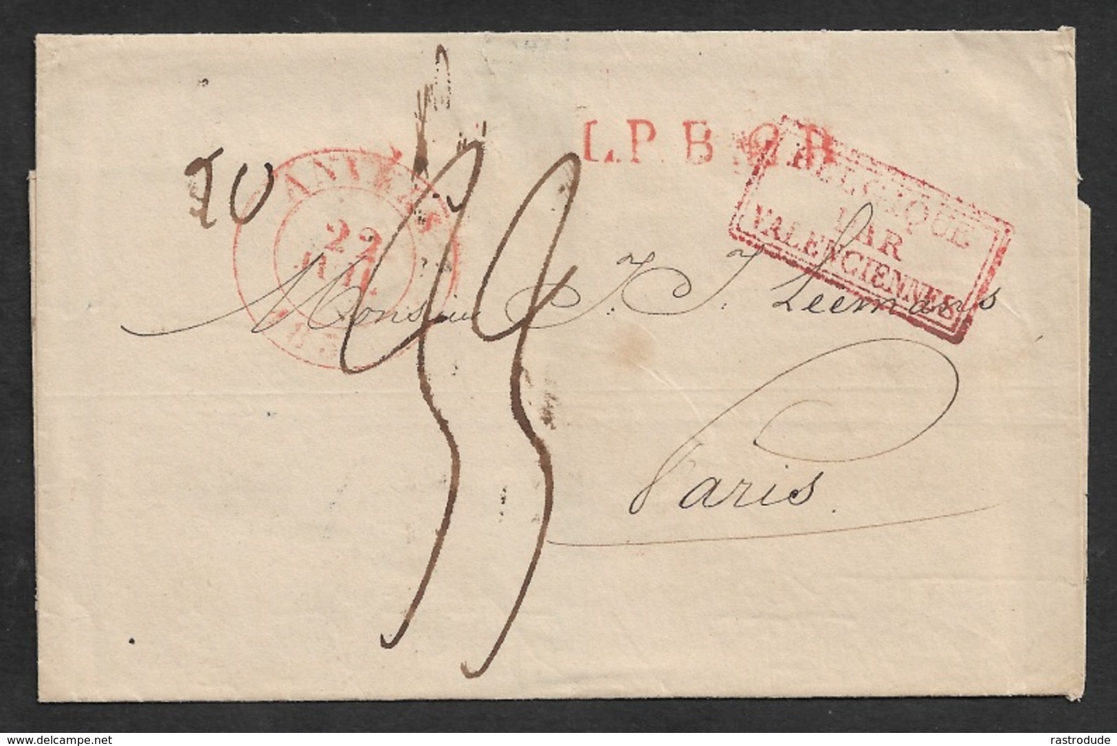 1835 LAC ANVERS 12 JUIL Pour PARIS - Rayon Belge LPB2R - Entrée Belgique Par Valenciennes - 1830-1849 (Belgique Indépendante)