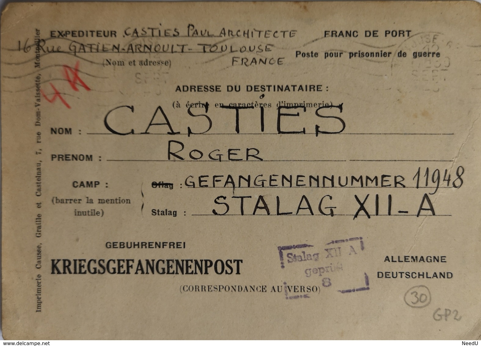 Kriegsgefangenpost / Correspondance Militaire : STALAG XII - A Limburg (Rhénanie - Allemagne / Expédiée De Toulouse) - Documents