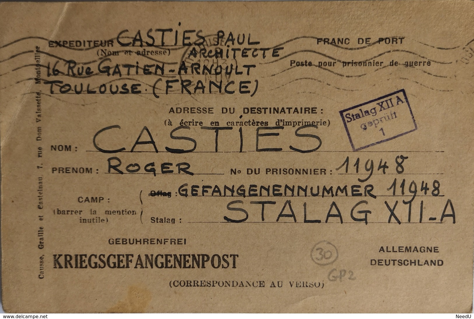 Kriegsgefangenpost / Correspondance Militaire : STALAG XII - A Limburg (Rhénanie - Allemagne / Expédiée De Toulouse) - Documents