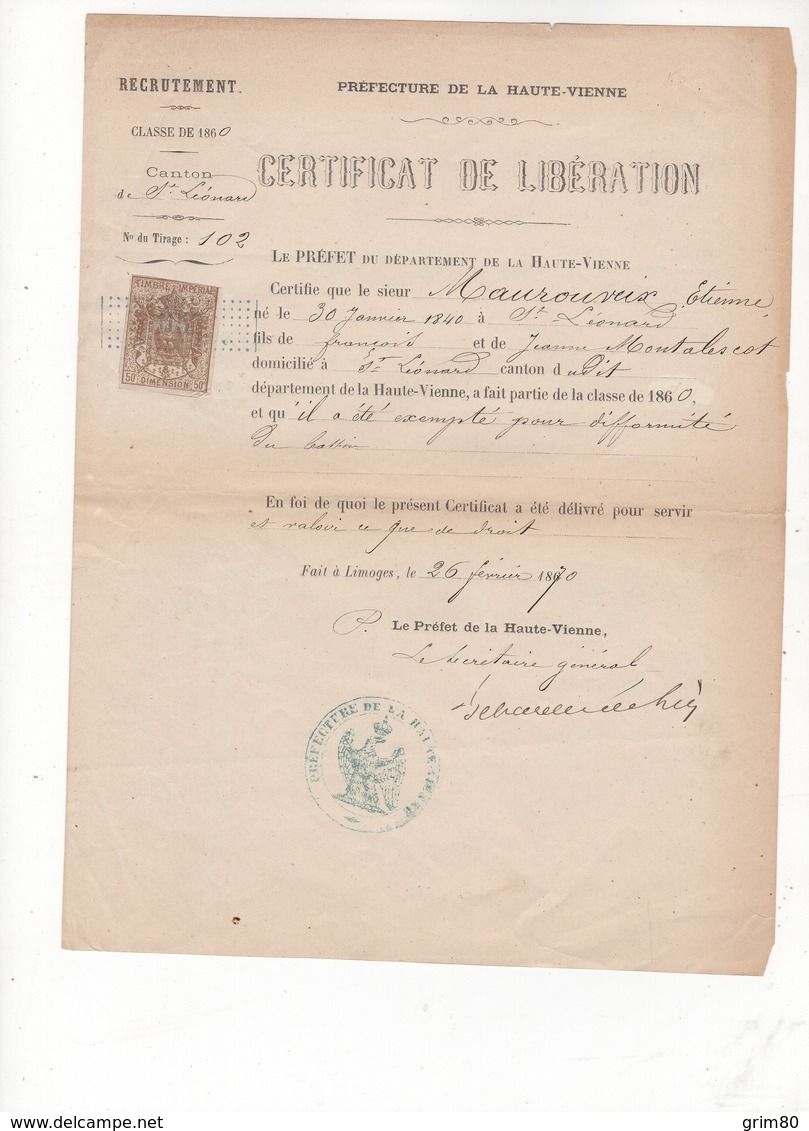 CERTIFICAT  DE LIBERATION   LIMOGES  1870 - Documents