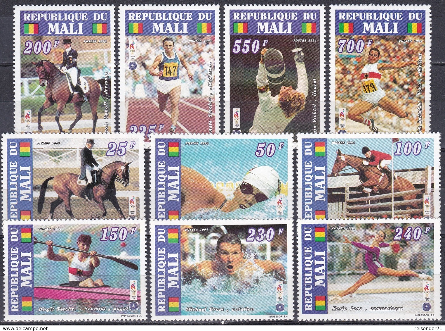 Mali 1995 Sport Spiele Olympia Olympics Atlanta Olympiasieger Reiten Pferde Horses Fechten Schwimmen, Mi. 1327-6 ** - Mali (1959-...)