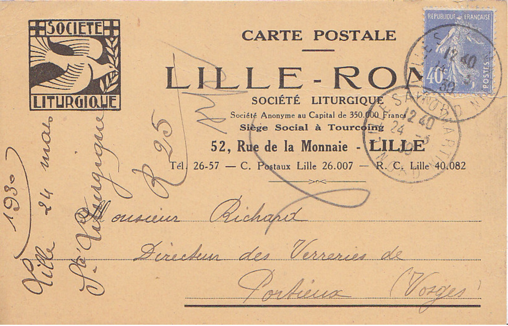 Société Liturgique à Lille , Nord ,une Colombe Dans Le Logo,commande De Burettes !! 1930 - 1900 – 1949