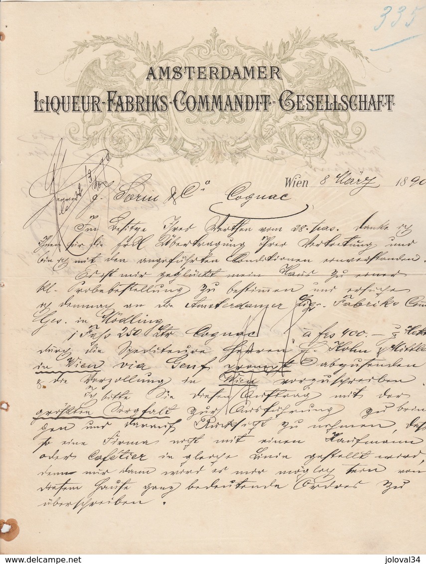 Autriche Facture Lettre Illustrée 8/3/1890  Amsterdamer Liqueur Fabriks Commandit Gesellschaft  WIEN - Autriche