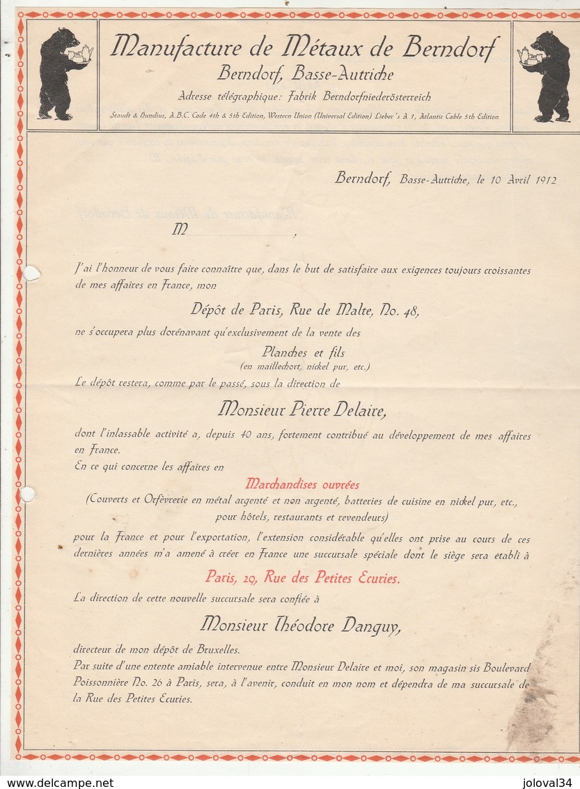 Autriche Lettre Commerciale Illustrée Ours 10/4/1912 Manufacture De Métaux De BERNDORF - Orfèverie - Autriche