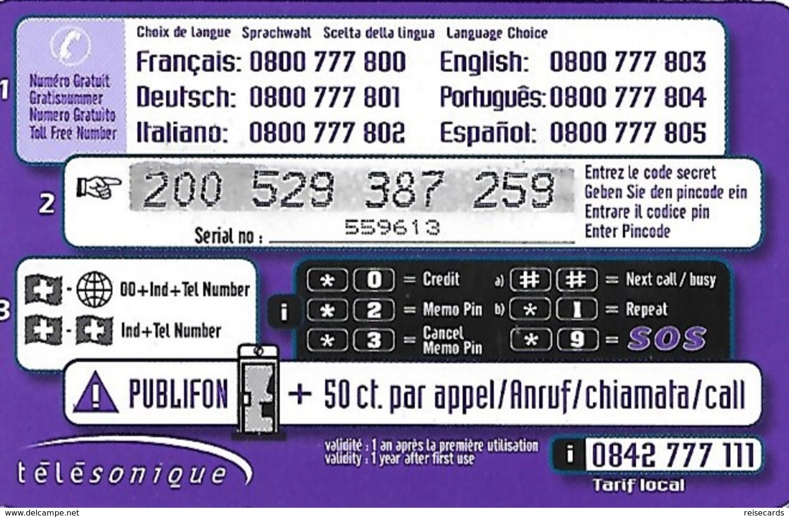 Prepaid:  Télésonique T-card, Satelit. Pin Code Gross - Svizzera
