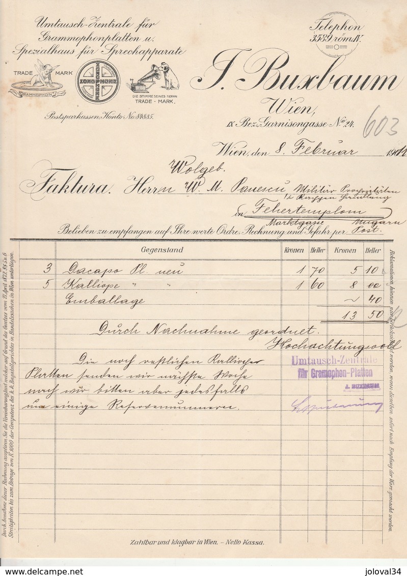 Autriche Facture Illustrée 8/2/1911 F BUXBAUM Grammophoplatten WIEN - Gramophone Tourne Disques - Autriche