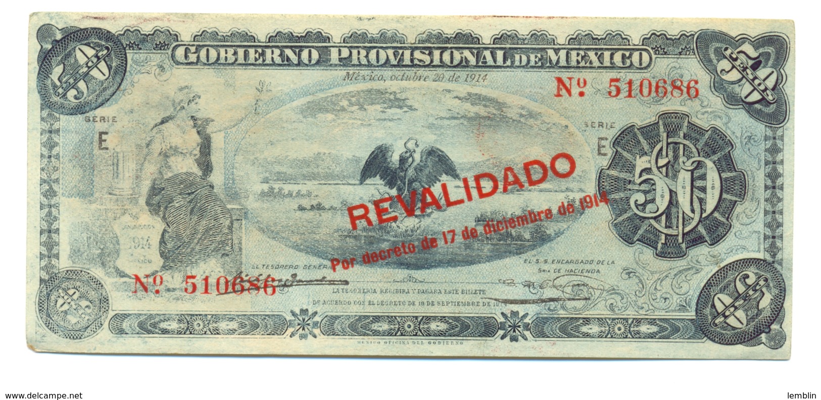 50 PESOS GOUVERNEMENT PROVIOIRE DE MEXICO 1914 - Mexiko