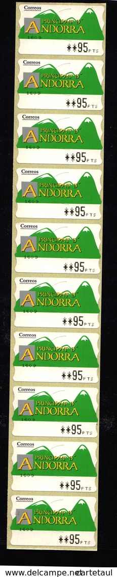 ANDORRE ANDORRA Espagnol Bande Entière 10 Etiquettes De Guichet ATM Meter 95 Pts N° Machine 1609 NON PLIEE SUPERBE - Unused Stamps