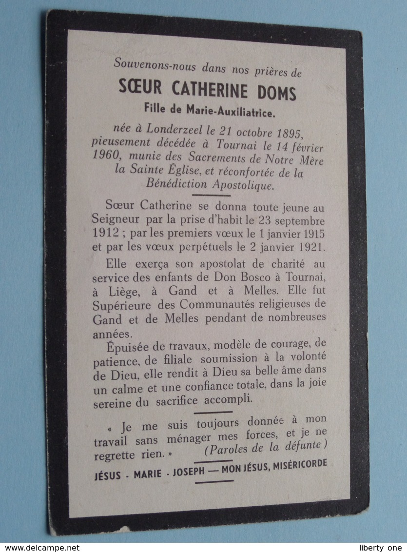 DP Soeur CATHERINE DOMS ( Fille De Marie-Auxiliatrice) Né à Londerzeel 21 Oct 1895 - Décédé Tournai 14 Fev 1960 ! - Overlijden