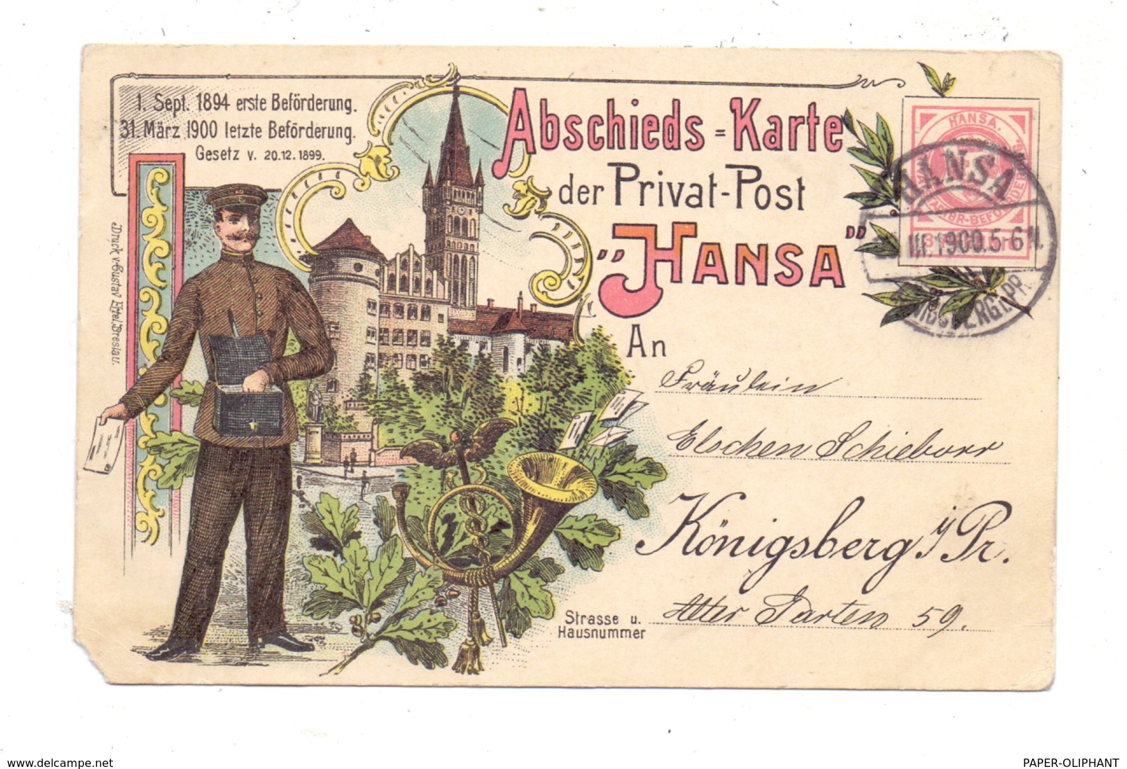 DEUTSCHES REICH - PRIVATPOST, 1900, Abschiedsausgabe HANSA, Königsberg, Eckmangel - Privatpost