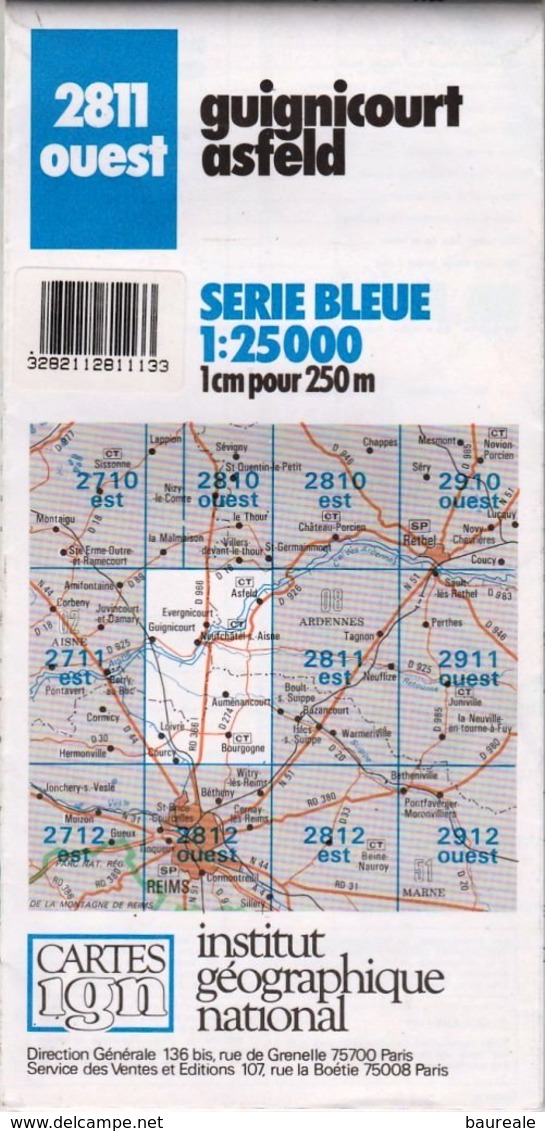 2811 Ouest - GUIGNICOURT ASFELD - Carte IGN Série Bleue 1:25000 - 1 Cm = 250 M - Rando, Chasse, Nature - Cartes Topographiques