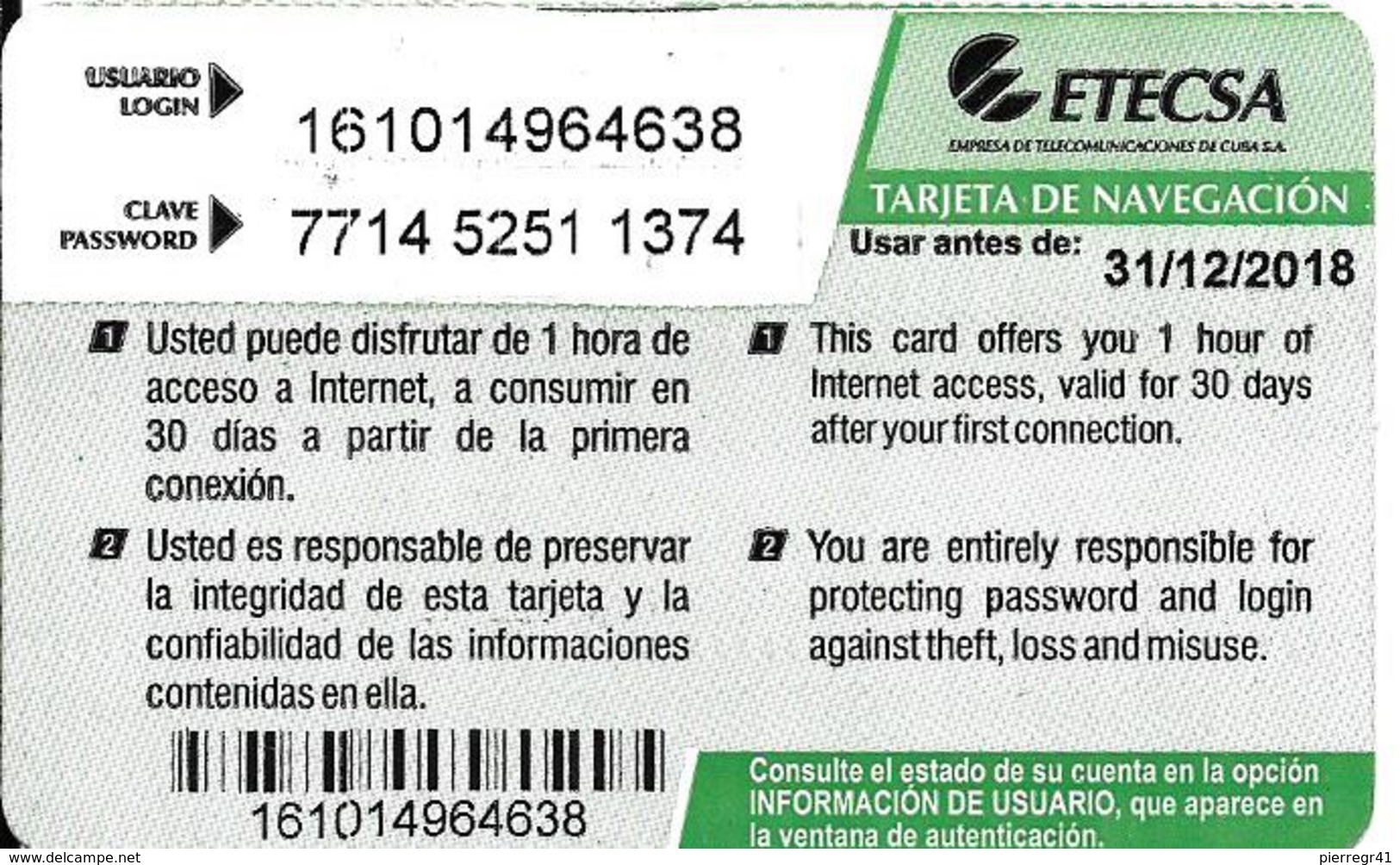 CARTE-PREPAYEE-CUBA-WEB-ETECSA-NAUTA-1H-Epais Fine Glacée-TBE-TRES RARE - Cuba