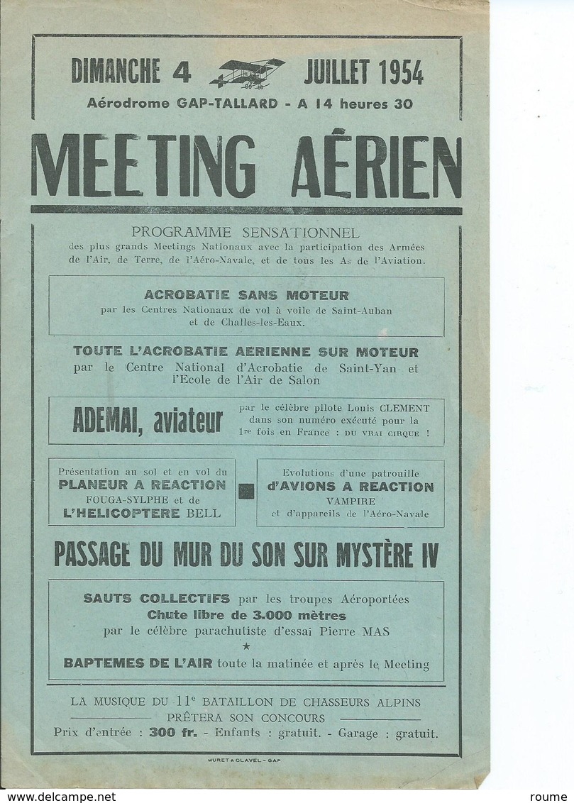 AVIATION- Meeting Aérien - Gap Tallard - 1954 - Programmes