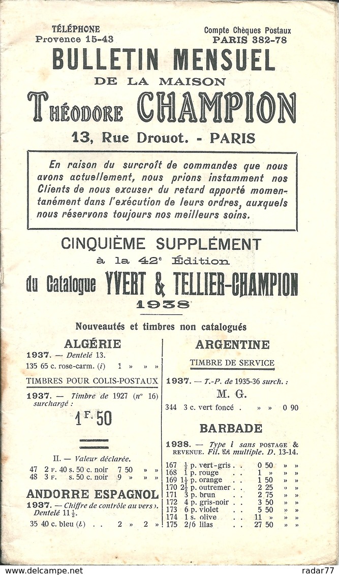 Bulletin Mensuel De La Maison Théodore CHAMPION - 5ème Supplément à La 42ème édition Du Catalogue Yvert 1938 - France