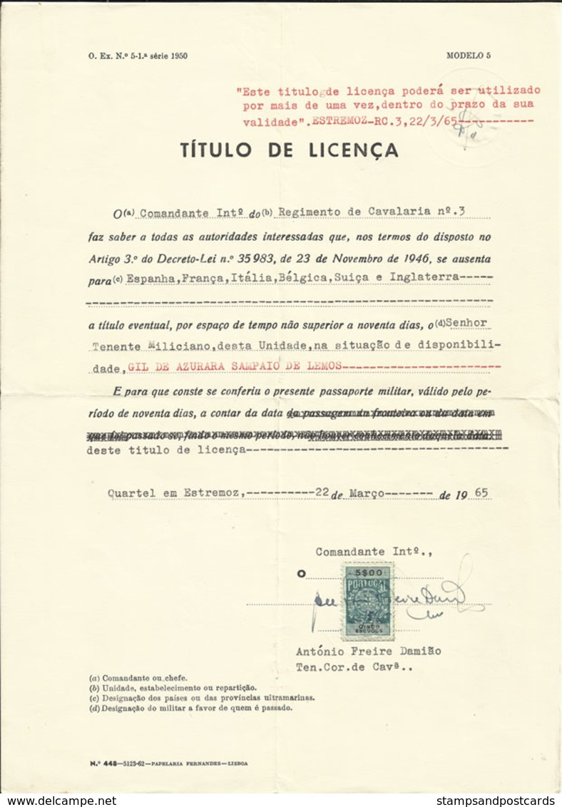 Portugal Licence De Sortie Passeport Militaire Estremoz 1965 Timbre Fiscal Exit Permit Military Passport Revenue Stamp - Briefe U. Dokumente