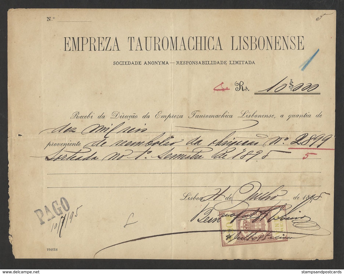 Portugal Reçu 1895 Timbre Fiscal Empreza Tauromachica Lisbonense Corrida Taureau 1895 Receipt Revenue Stamp Bullfight - Lettres & Documents