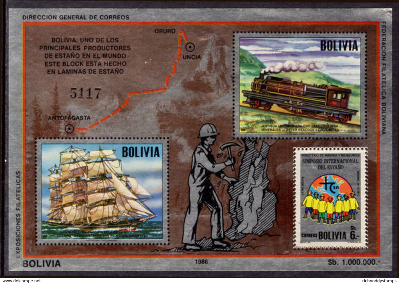 Bolivia 1986 Trains And Ships Of Antofagasta Souvenir Sheet Unmounted Mint. - Bolivia