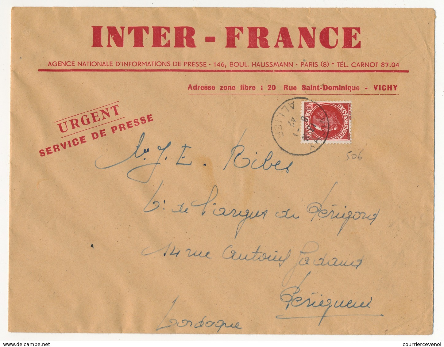 N°506 30c Pétain Seul S/L 15cm X 20cm - Enveloppe De Presse "INTER-FRANCE" - VICHY 8/1/1942 - Ecrit De Presse Non Routé - 1941-42 Pétain