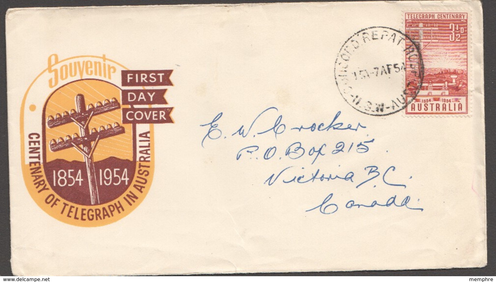 1954  Centenary Of Telegraph In Australia - Royal Cachet - To Canada - Primo Giorno D'emissione (FDC)