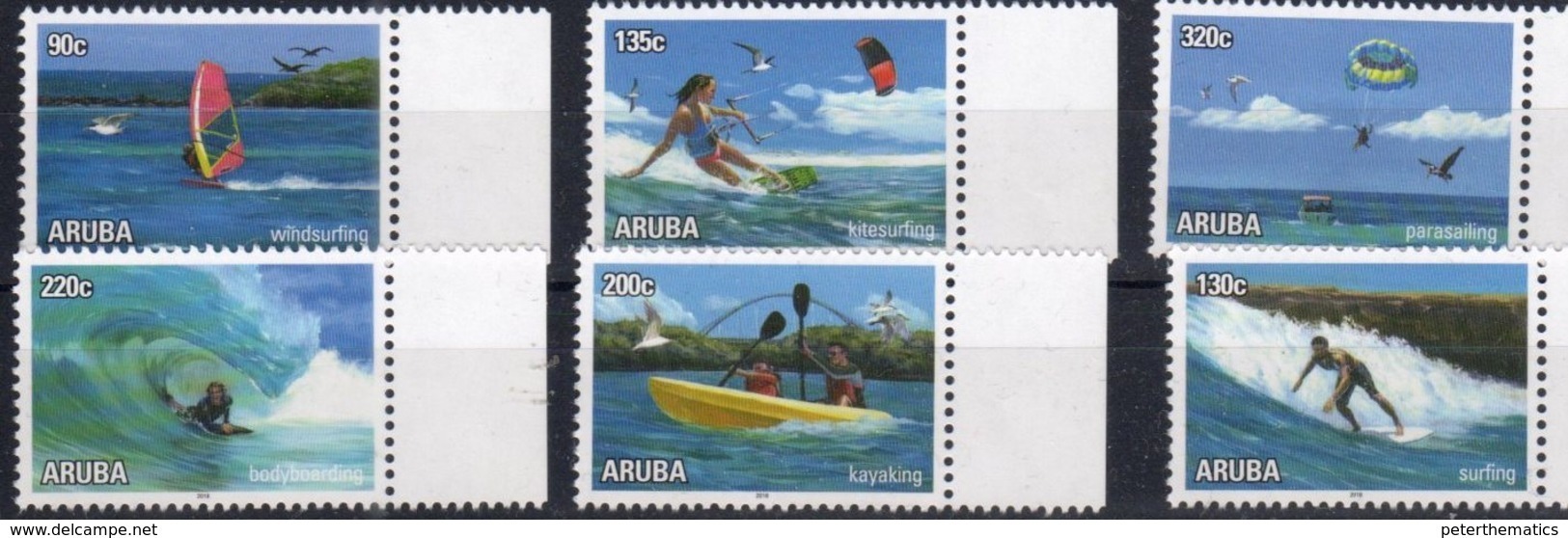 ARUBA, 2018, MNH, BIRDS, WATER SPORTS, WINDSURFING, SURFING, KAYAKING, PARASAILING, KITESURFING, 6v - Sci Nautico