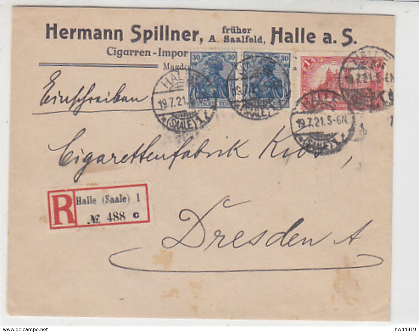 Fa. R-Brief Mit 148II, 113a Aus HALLE (Saale) 19.7.21 An Cigarrettenfabrik / Dresden - Geprüft - Briefe U. Dokumente