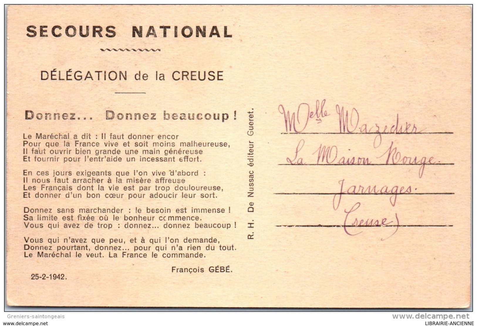 MILITARIA - 1939-1945 - Secours National Délégation De La Creuse - Guerre 1939-45