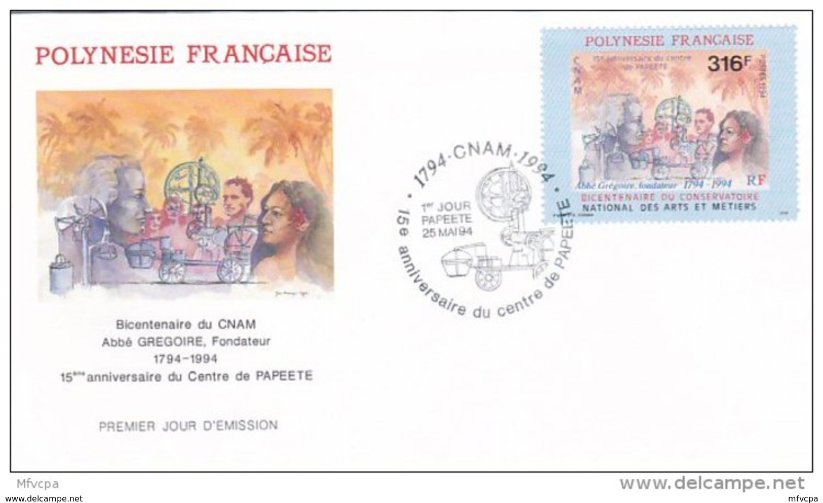 L4P214 POLYNESIE FRANCAISE 1994 FDC Bicentaine Du CNAM Abbé Grégoire  Fondateur  316f Papeete 25 05  1994 / Envel.  Illu - FDC