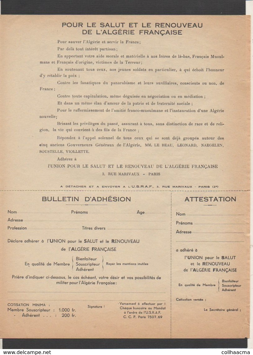 Militaria Guerre D'Algérie / Bulletin D'adhésion "Union Pour Le Salut Et Le Renouveau De L'Algérie Française" Voir Verso - Documents Historiques