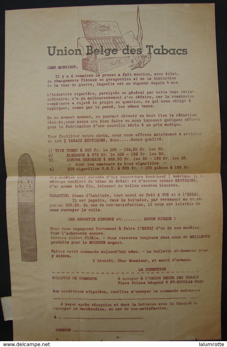 T.Doc. 5. Bulletin De Commande à L' Union Belge Des Tabacs à St-Nicolas-Waes - Documents