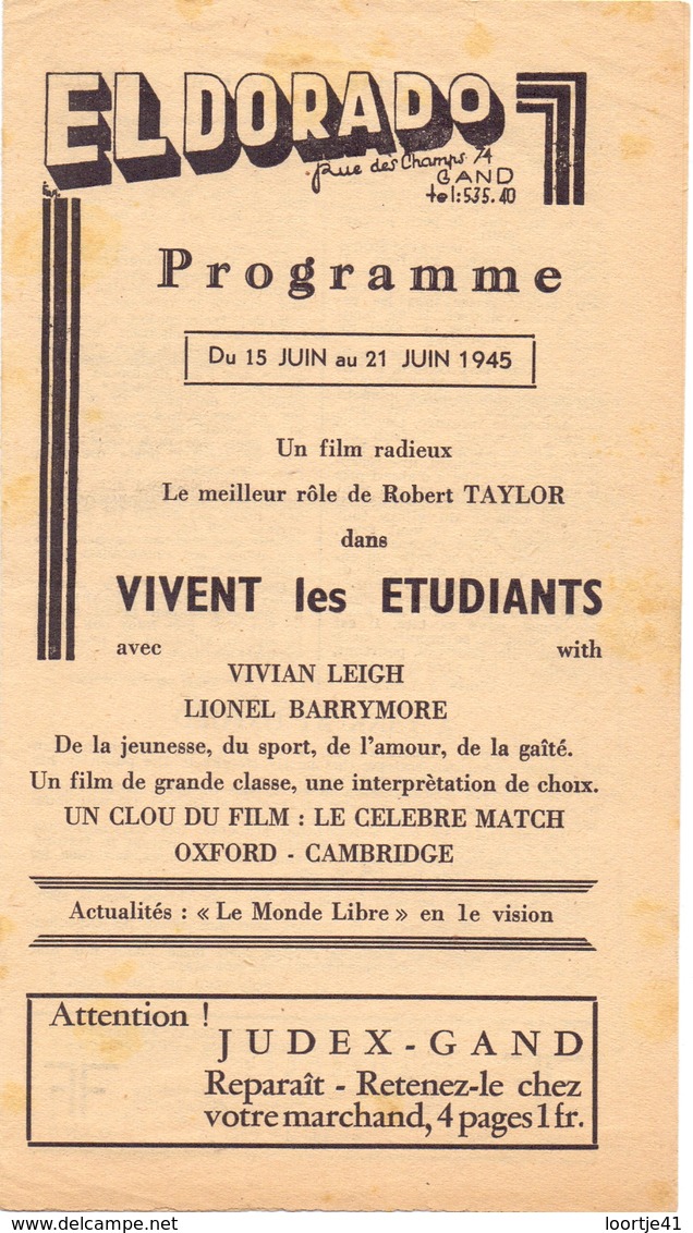 Pub Reclame Ciné Cinema Bioscoop Film Programme - Eldorado - Gand Gent - Vivent Les étudiants - 1945 - Publicité Cinématographique