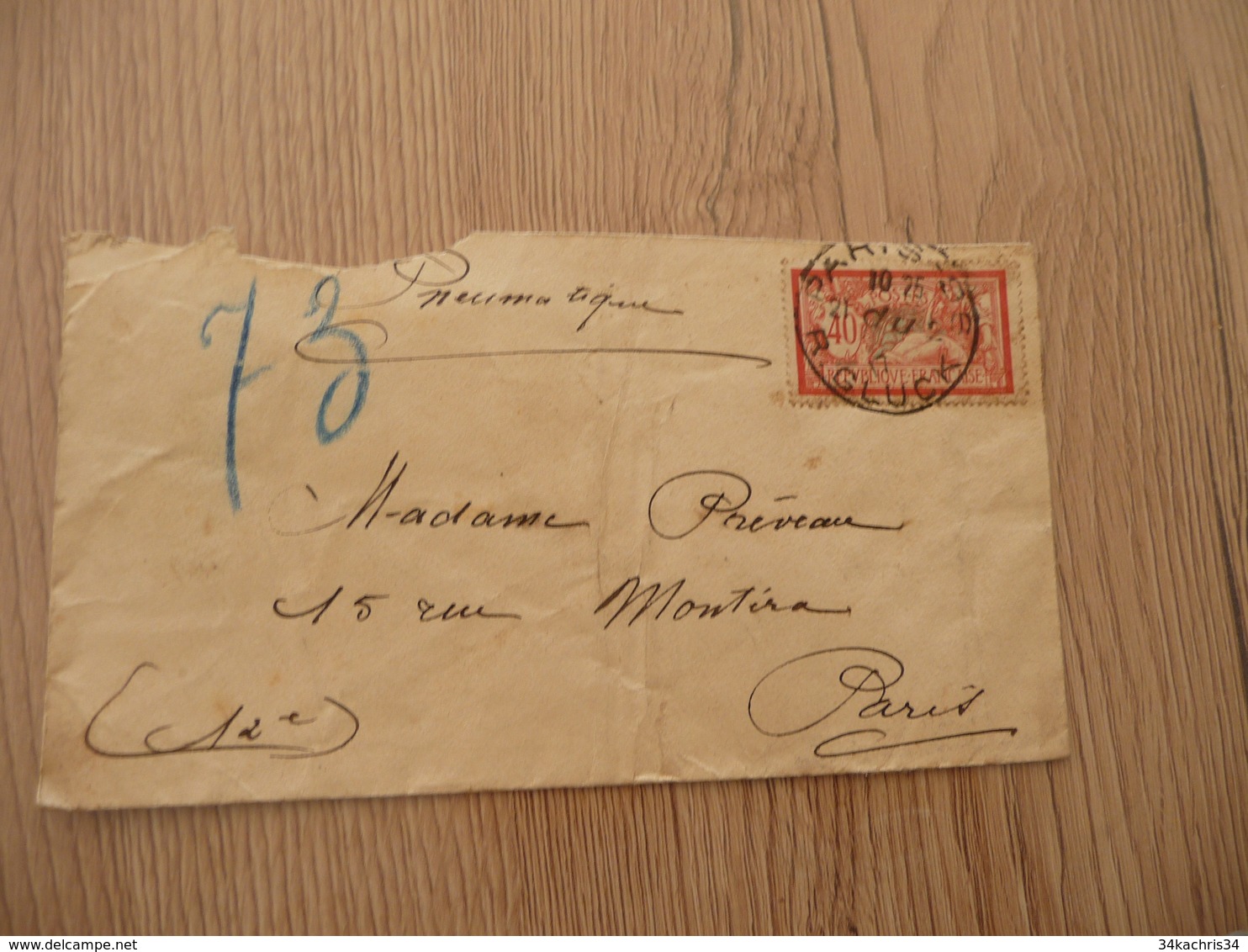 Lettre France 1917 Pneumatique Sur Merson 40c Rouge Cachet Paris R.Gluck En L'état - 1877-1920: Période Semi Moderne