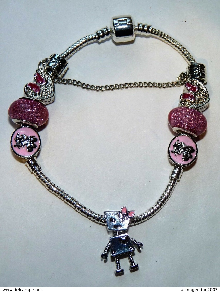 BRACELET ARGENTE 21 CM AVEC 7 CHARMS MICKEY MINNIE ROBOT NEUF TYPE PANDORA - Bracelets