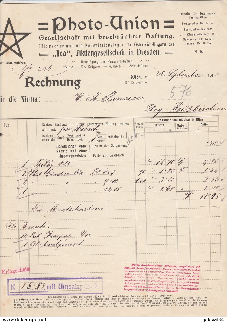 Autriche Facture 22/9/1910 PHOTO UNION Ica Akt Aes Dresden   WIEN - Photographie Caméra - Autriche