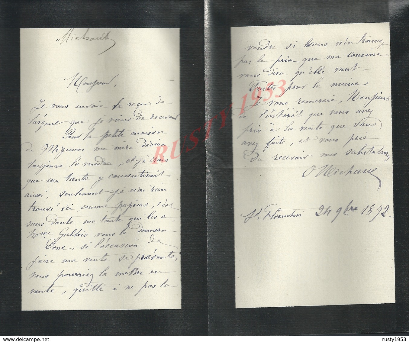 LETTRE DE 1892 ECRITE DE SAINT FLORENTIN FAMILLE MICHAUD : - Manuscripts