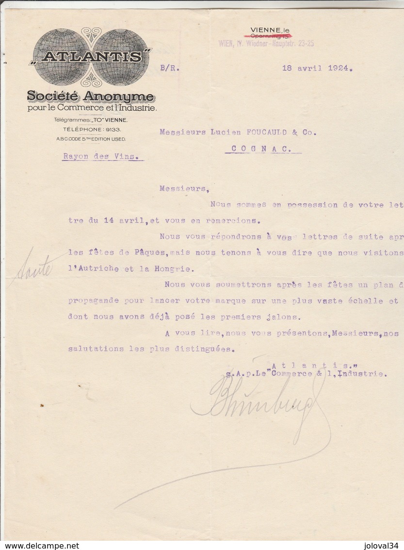 Autriche Facture Lettre Illustrée  18/4/1924 ATLANTIS Société Anonyme Pour Commerce & Industrie VIENNE - Autriche